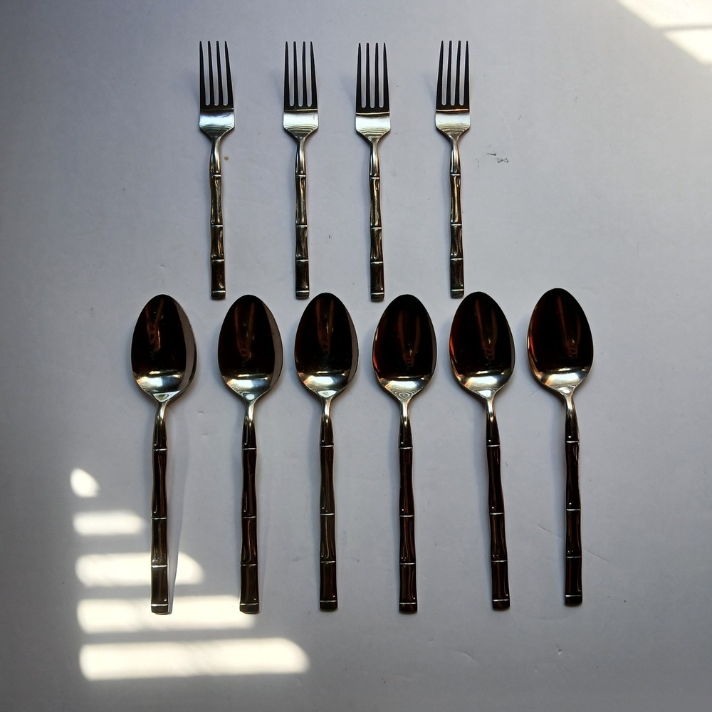10 REED & BARTON Rebacraft Stainless Regal Bamboo Salad Forks, Teaspoons